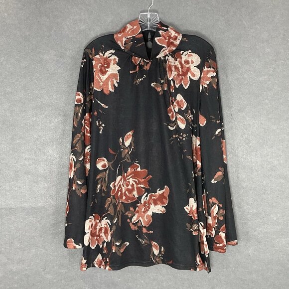 Suzanne Betro Top Women 1X Gray Floral Flare Sleeve Mock Neckline Keyhole Button - Picture 1 of 13